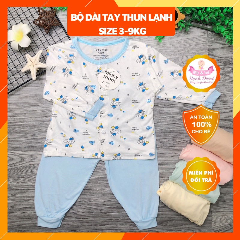 Bộ quần áo Thun Lạnh dài tay Minky họa tiết Thân Áo Trắng, Phối Viên, Quần Trơn Cho bé từ 3-9kg