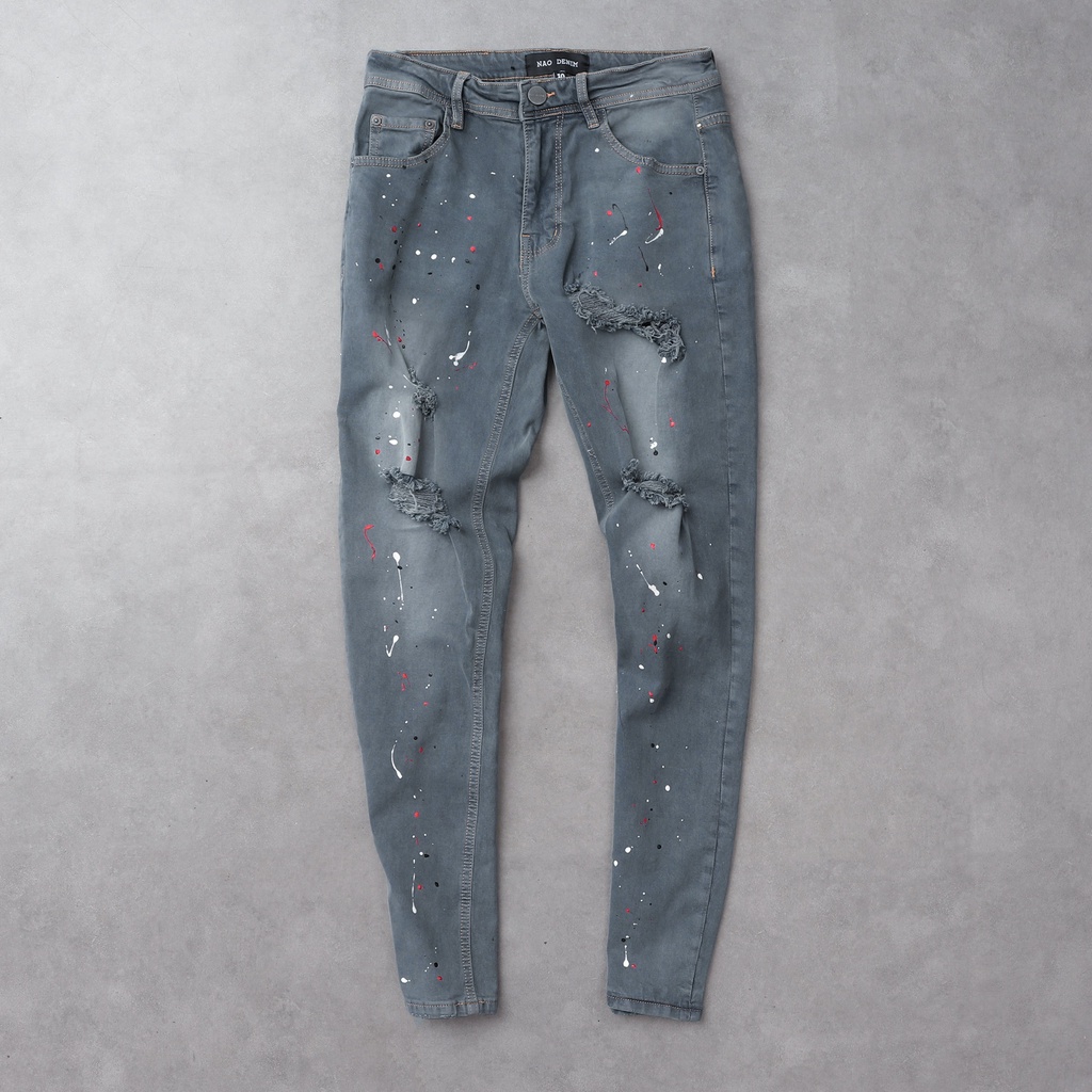 Quần jean nam cao cấp streetwear KQ30 màu xanh wash vẫy sơn rách bui bậm form slimfit chất jean co giãn, thoải mái.