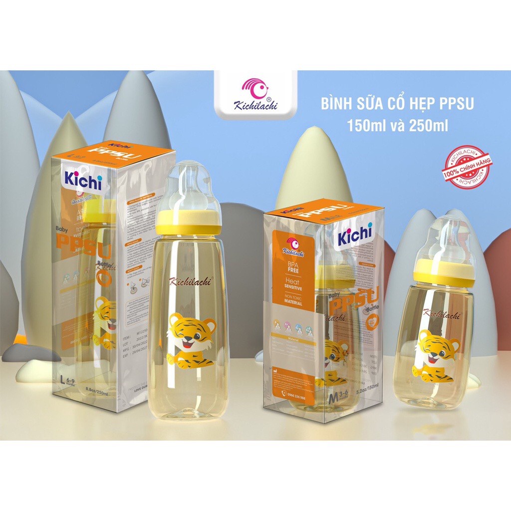 Bình sữa cổ hẹp PPSU con hổ Kichilachi cảm biến nhiệt cao cấp 80ml - 150ml - 250ml