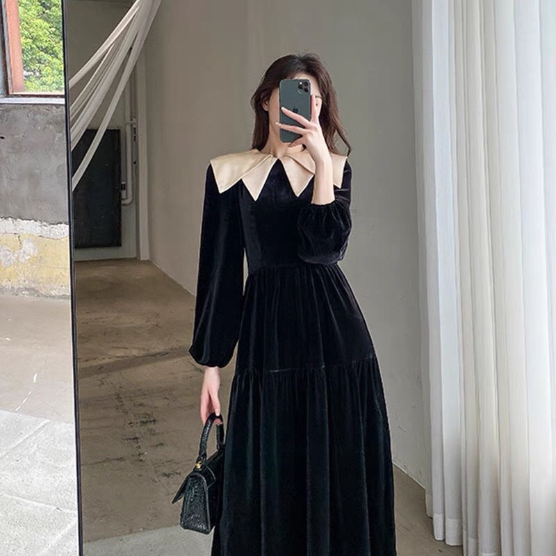 VÁY NHUNG PHỐI CỔ XOÈ 3 TẦNG SIÊU XINH
