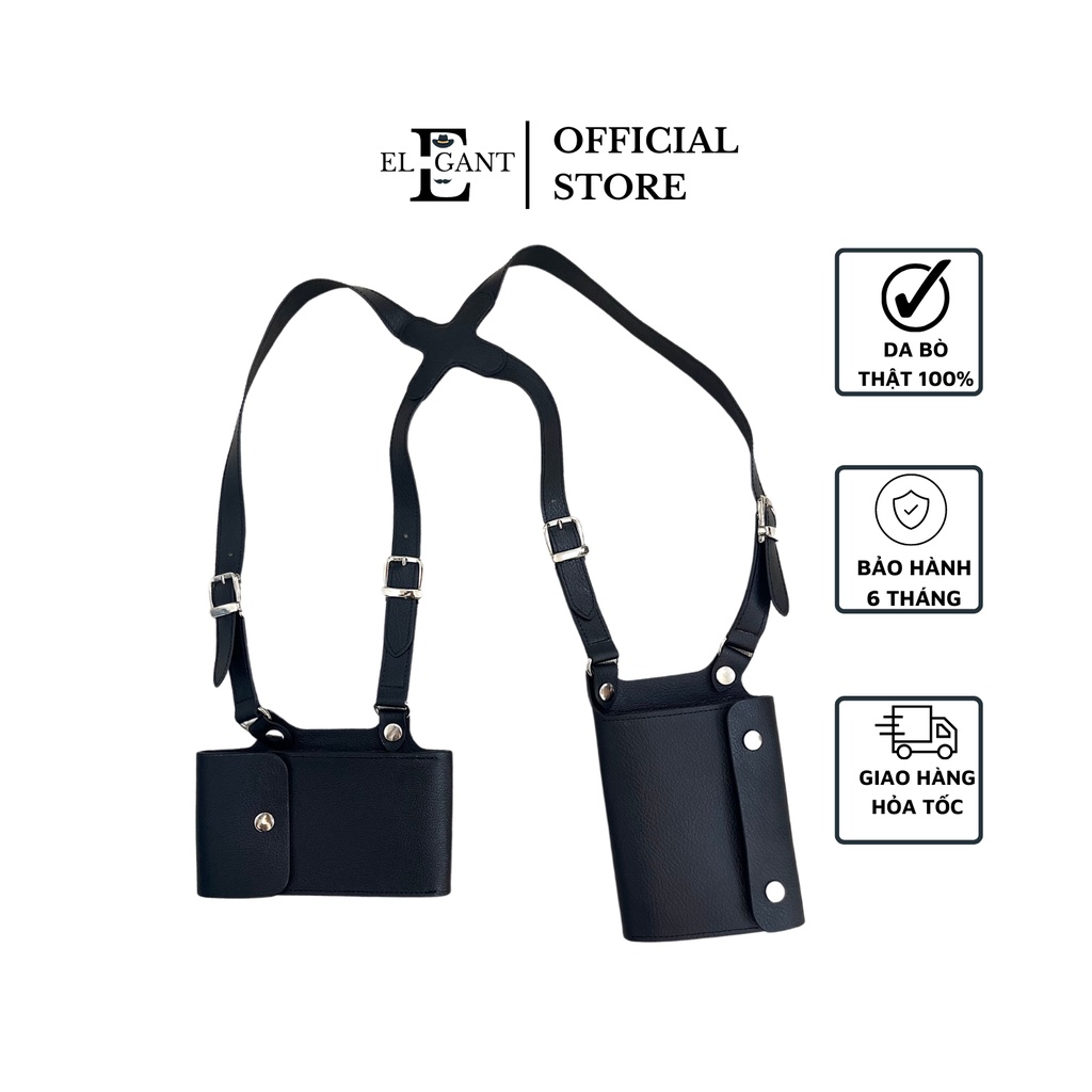 Đai đeo lưng thời trang ELEGANT SUSPENDER đựng ví tiền và điện thoại - DA BÒ THẬT 100% - MÀU ĐEN