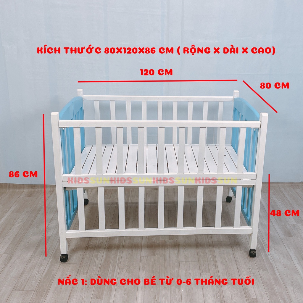 Cũi Cho Bé KIDSSUN Kích Thước(120x80x86) Gỗ Quế Màu Trắng Xanh BH 24 Tháng Hàng Xuất Khẩu Kèm Quà Tặng Cho Bé