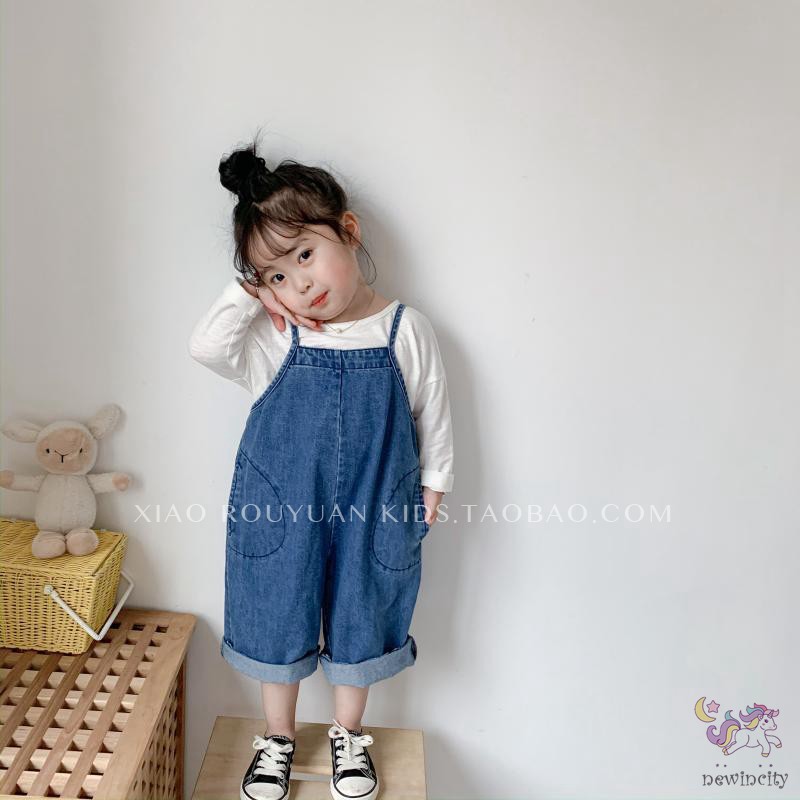 Áo Liền Quần Vải Denim Dáng Rộng Dễ Thương Phong Cách Hàn Quốc Cho Bé