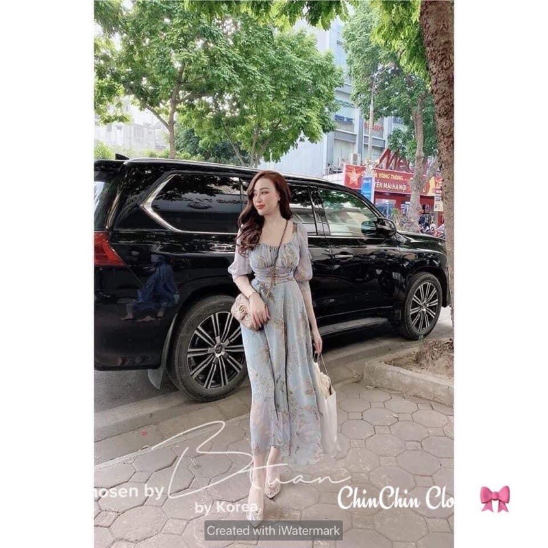 VNU285 - VÁY HOA XANH DƯƠNG CHUN NGỰC DÚM EO | BigBuy360 - bigbuy360.vn