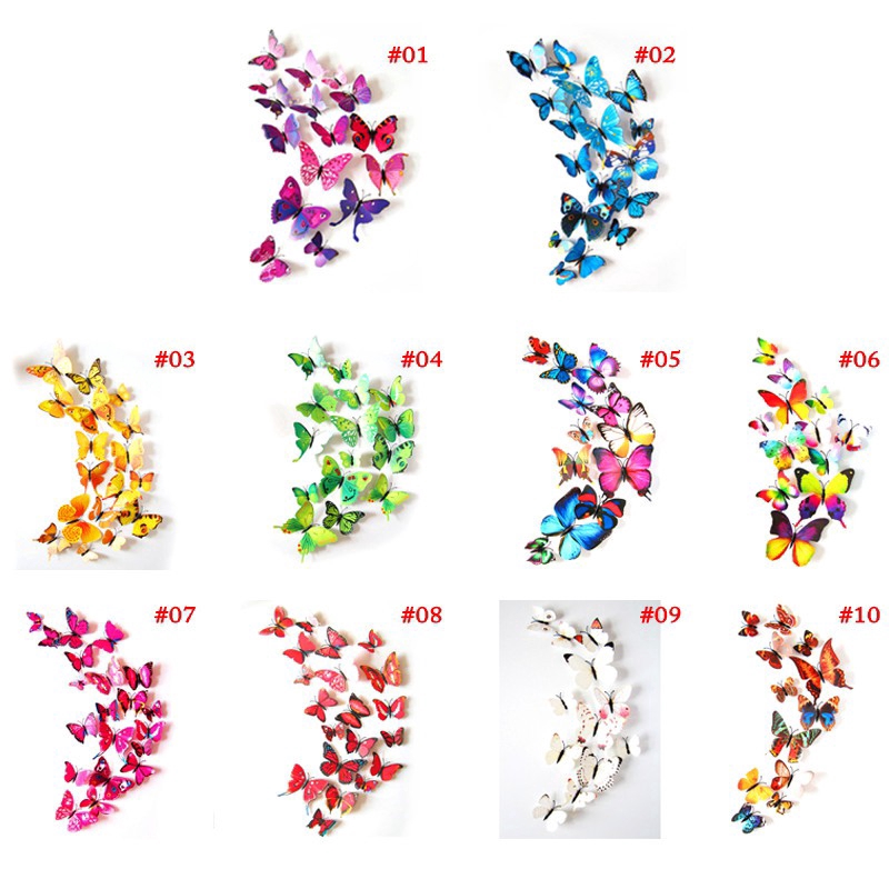 12 Miếng dán tường họa tiết hình con bướm 3D nhiều màu sắc dùng trang trí phòng