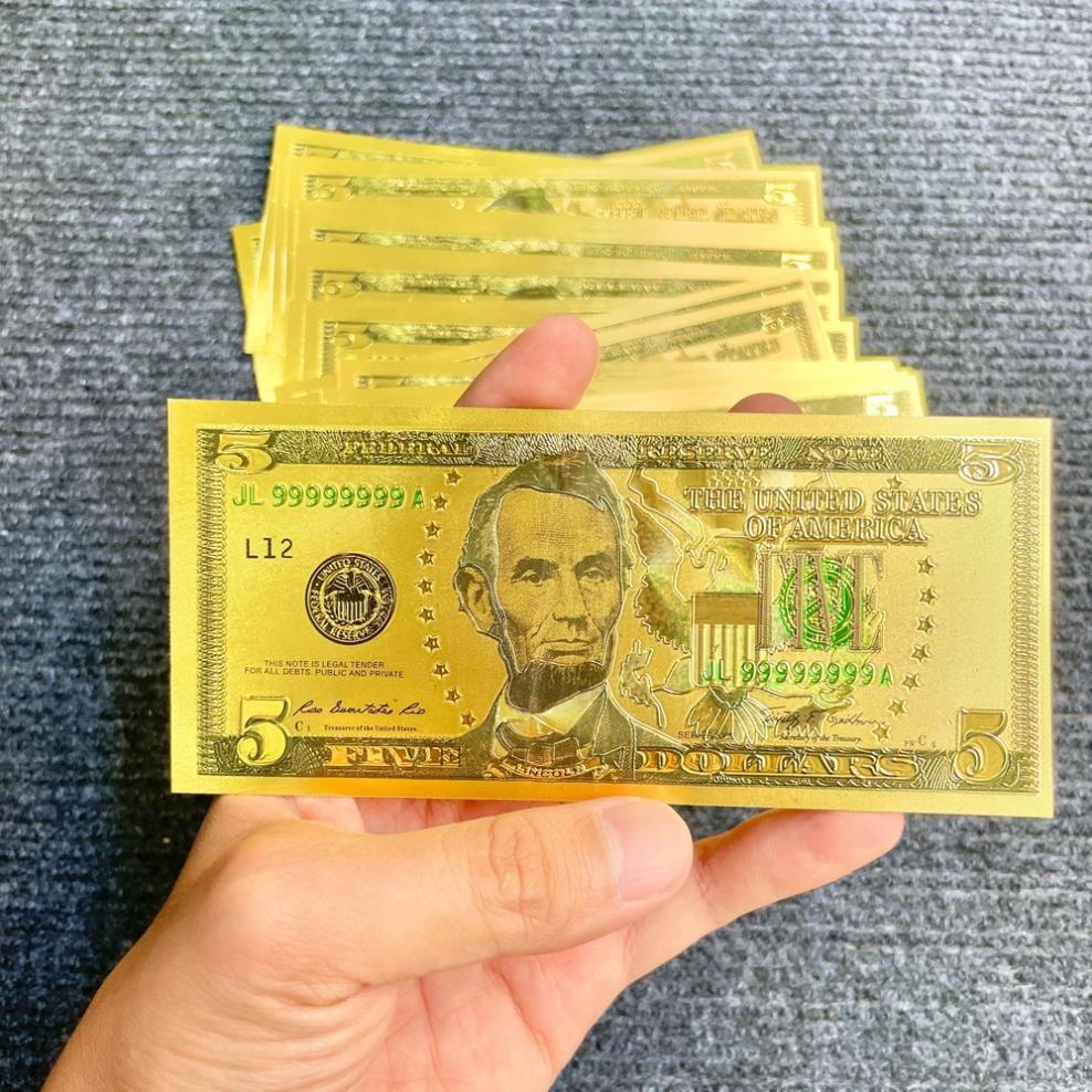 Tờ Tiền Kỉ Niệm 5 Đô Plastic (5 USD) Mạ Vàng Lì Xì Tết May Mắn