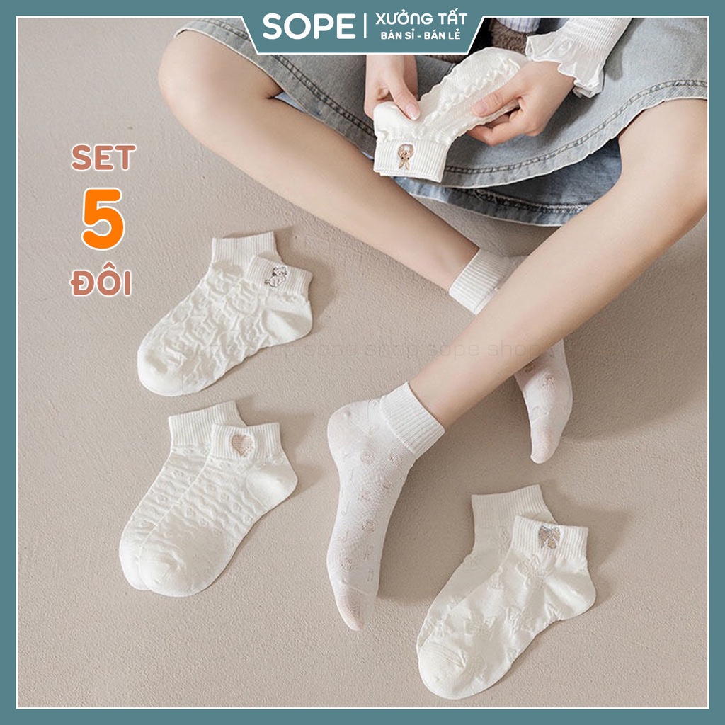 Tất vớ nữ cổ ngắn trắng chất liệu vải Hàn thoáng khí, sét 5 đôi - Sope Shop