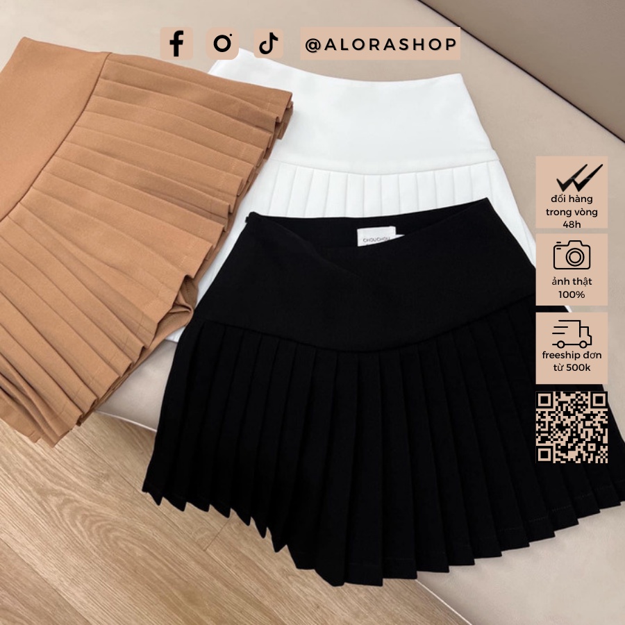 Chân váy nữ dáng ngắn xếp ly cạp to khóa sườn xanh lá, hồng sen, nâu, đen thời trang nữ Alora