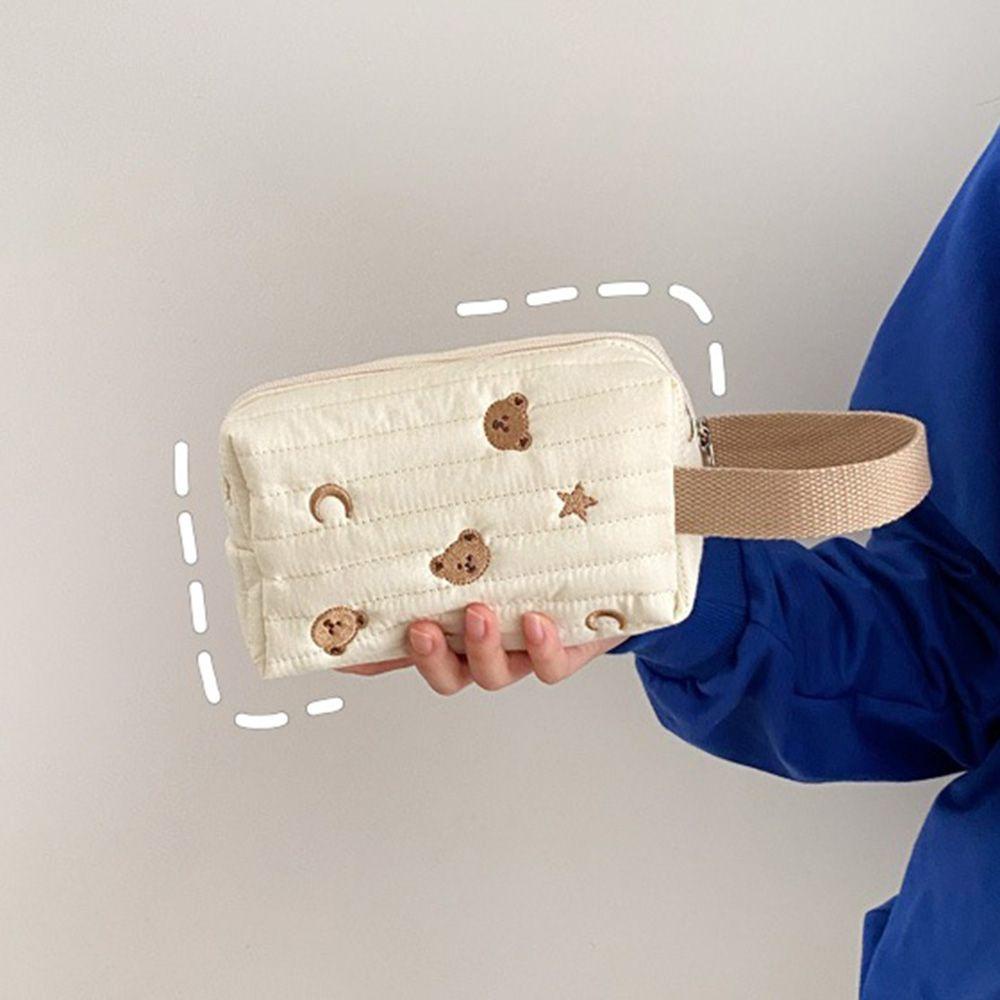 EBINLANDS Túi Đựng Mỹ Phẩm Bằng Cotton Có Khóa Kéo Thêu Hình Gấu Xinh Xắn
