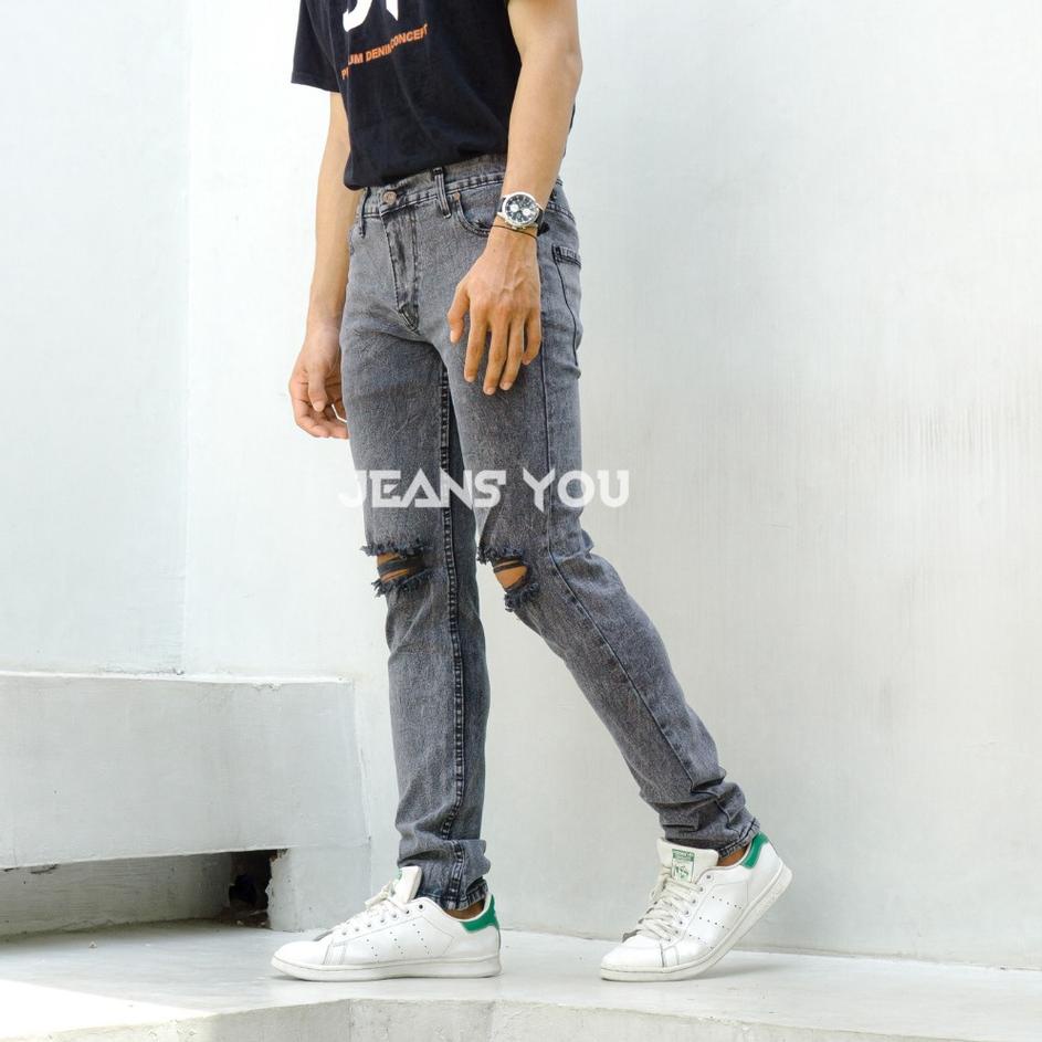 Srtu Quần Jean Nam Dài Đến Đầu Gối Jinsyou Quần Jean Rách Bút Chì Mềm Co Giãn Màu Đen Chất Lượng Cao Distro Snow Wash 3NAZ