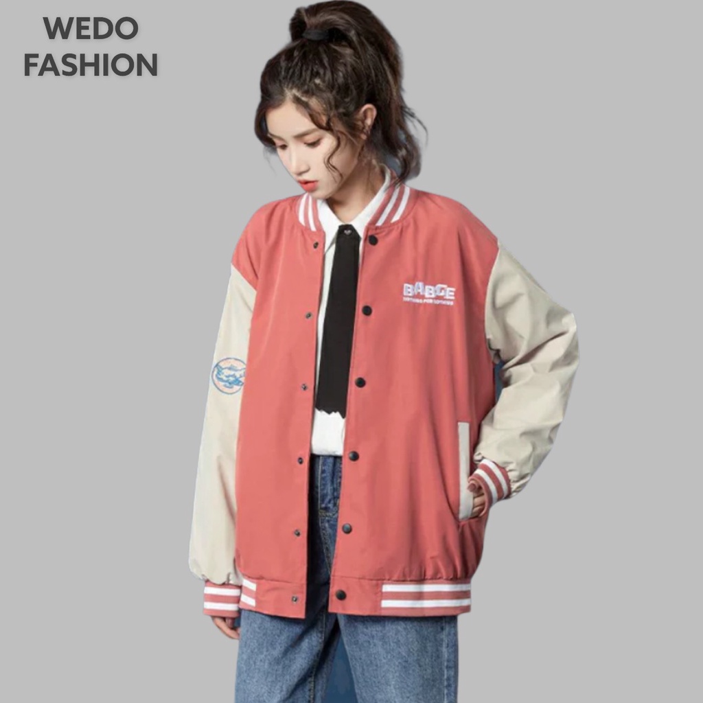 Áo khoác Bomber nữ BABGE, vải dù mero hai lớp cao cấp, logo thêu kèm nút bấm phối màu cá tính WEDO