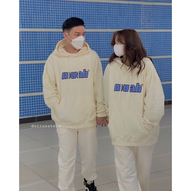 Áo hoodie ET.TEE vải nỉ lót lót da cá màu xám kem freesize thêu Muah A1882 | BigBuy360 - bigbuy360.vn