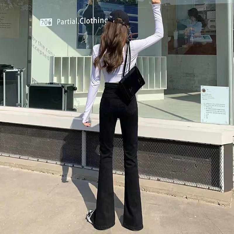 Jiashucheng Quần Jean Ống Loe Xẻ Tà Cạp Cao Dáng Ôm Màu Đen Nhạt Dễ Phối Đồ Phong Cách Mới Cho Nữ