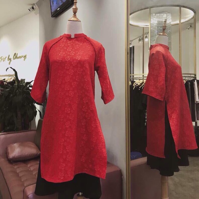 Set áo dài gấm đỏ+chân váy đen