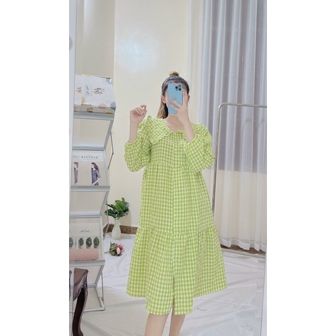 Đầm Babydoll tay dài hoạ tiết kẻ ô mặc thu đông siêu xinh