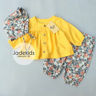 Đồ bộ bé gái, Bộ dài tay TẶNG kèm mũ, màu vàng quần hoa vintage đũi tằm cho bé