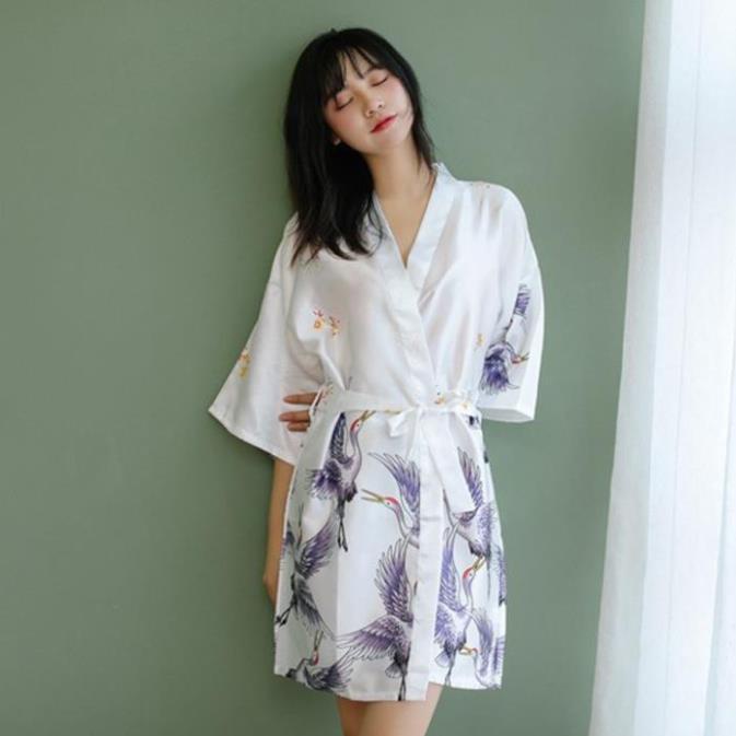 Áo choàng ngủ lụa cao cấp kiểu kimono in hình chim hạt sang trọng Thư Thư [HÀNG CAO CẤP] ! | BigBuy360 - bigbuy360.vn