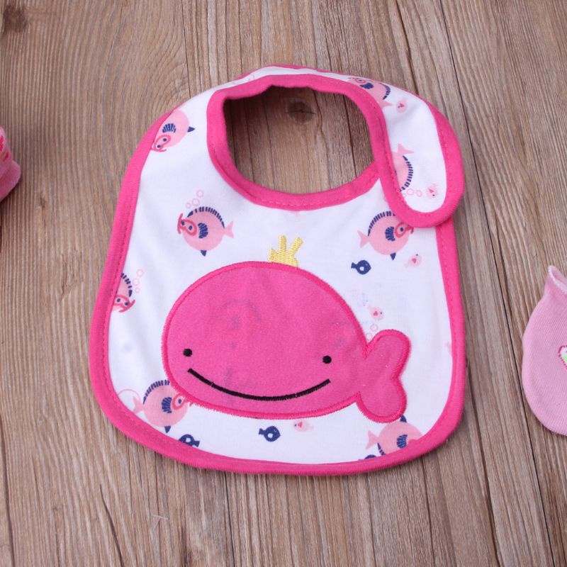 Bộ Găng Tay + Vớ Yếm Ăn Bằng Cotton Mềm Chống Trầy Xước In Họa Tiết Hoạt Hình Dễ Thương Cho Bé