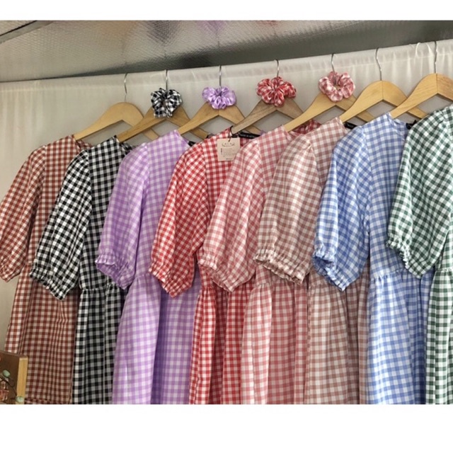 Áo babydoll caro 9 màu tay phồng vải katê thoáng mát tặng kèm scrunchie cùng màu