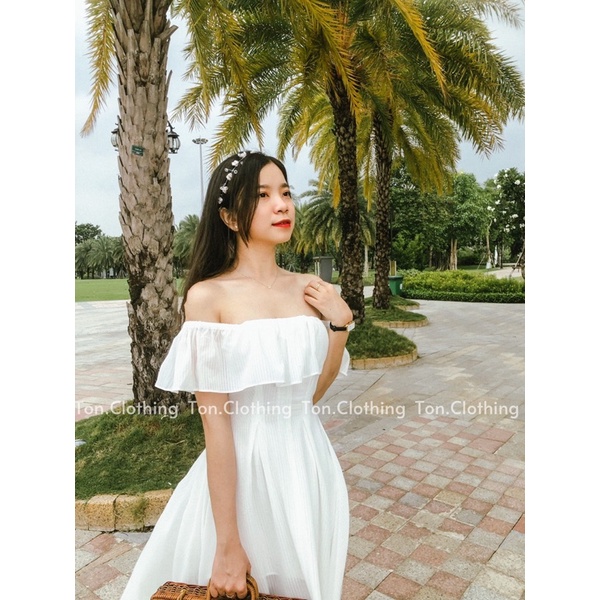 Maxi đi biển nữ Ton.Clothing maxi bẹt vai vải mịn mát họa tiết đẹp 2 lớp dễ thương xinh xắn màu trắng MAXI008