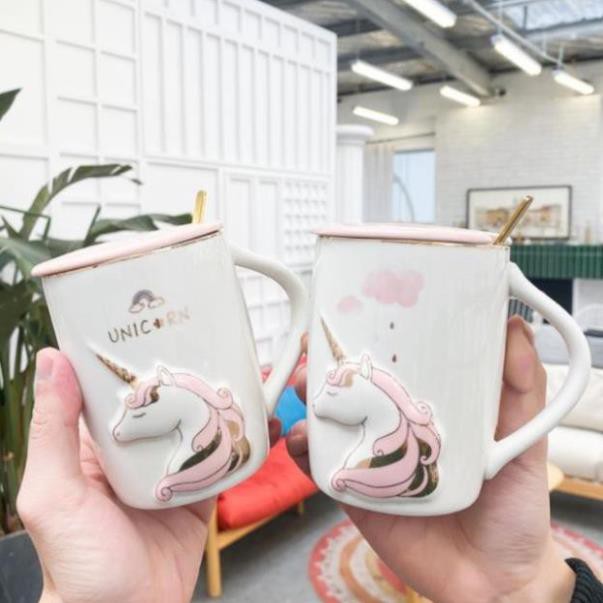 Ly Cốc Sứ Unicorn Kỳ Lân 450ml Có Nắp và Thìa Xinh Xắn
