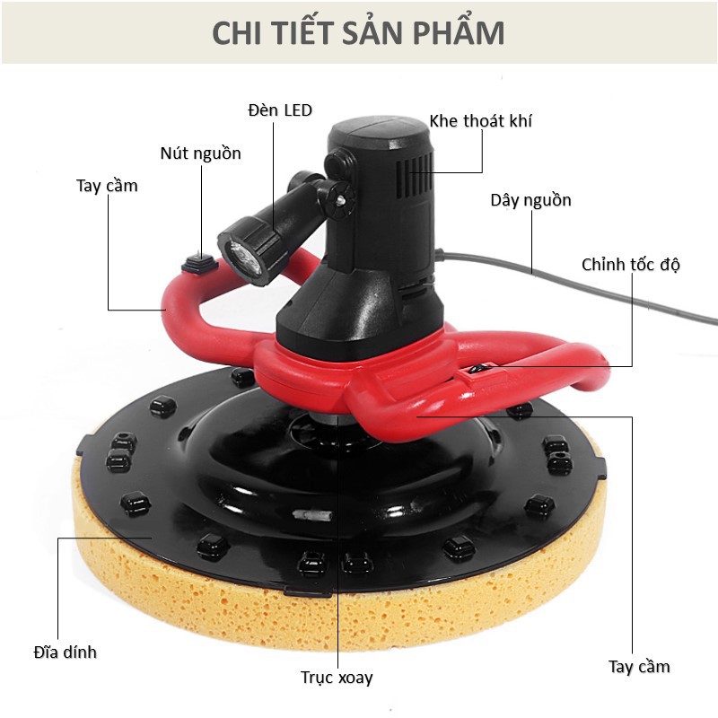 Máy xoa cầm tay hồ vữa trát làm phẳng mặt tường chà nhám tường công suất lớn điều chỉnh 6 cấp độ có đèn leb