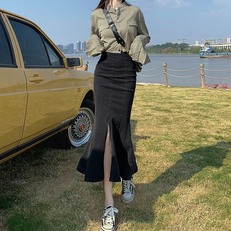 Chân váy chữ A lưng cao IELGY chất liệu denim thời trang cho nữ