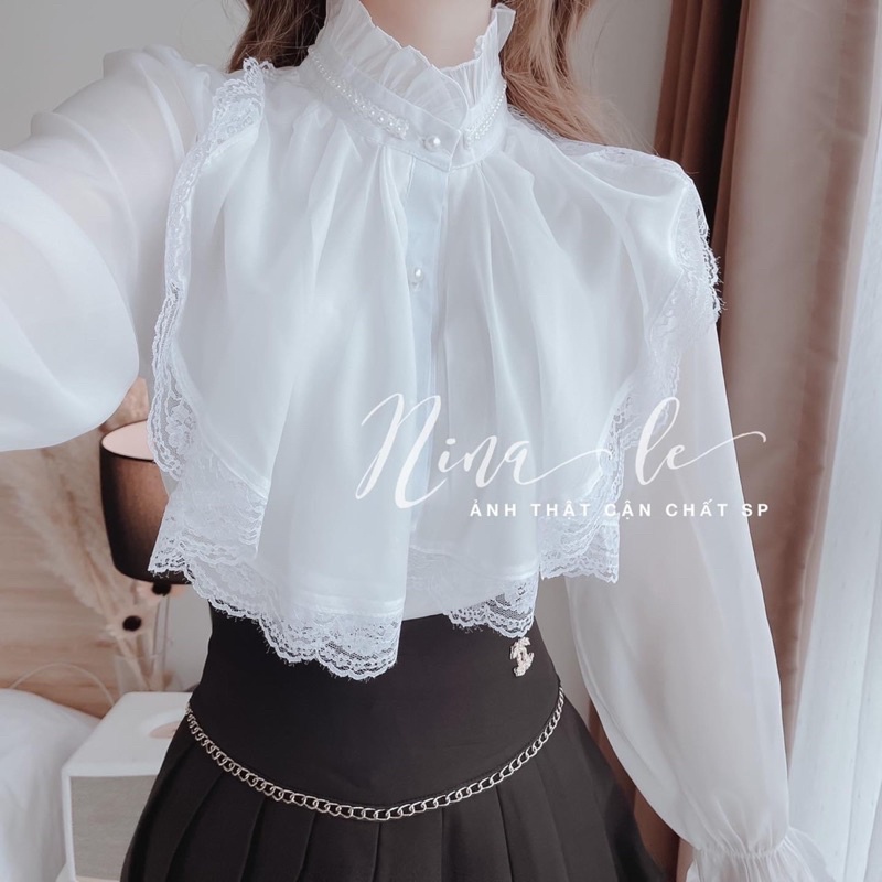 Sơ Mi Trắng Phối Bèo Tiểu Thư Có Lót Trong (Hình thật) Áo Sơmi Voan Nữ Cổ Tay Bèo