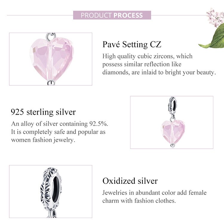 Mặt dây chuyền/vòng tay bamoer SCC1816 bằng bạc 925 hình trái tim đá hồng và xanh lam thời trang DIY