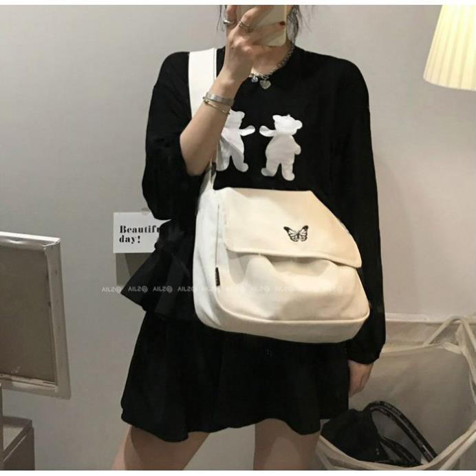 [RẺ VÔ ĐỊCH] Túi tote canvas đeo chéo thêu bướm butterfly unisex nam nữ phong cách Hàn Quốc