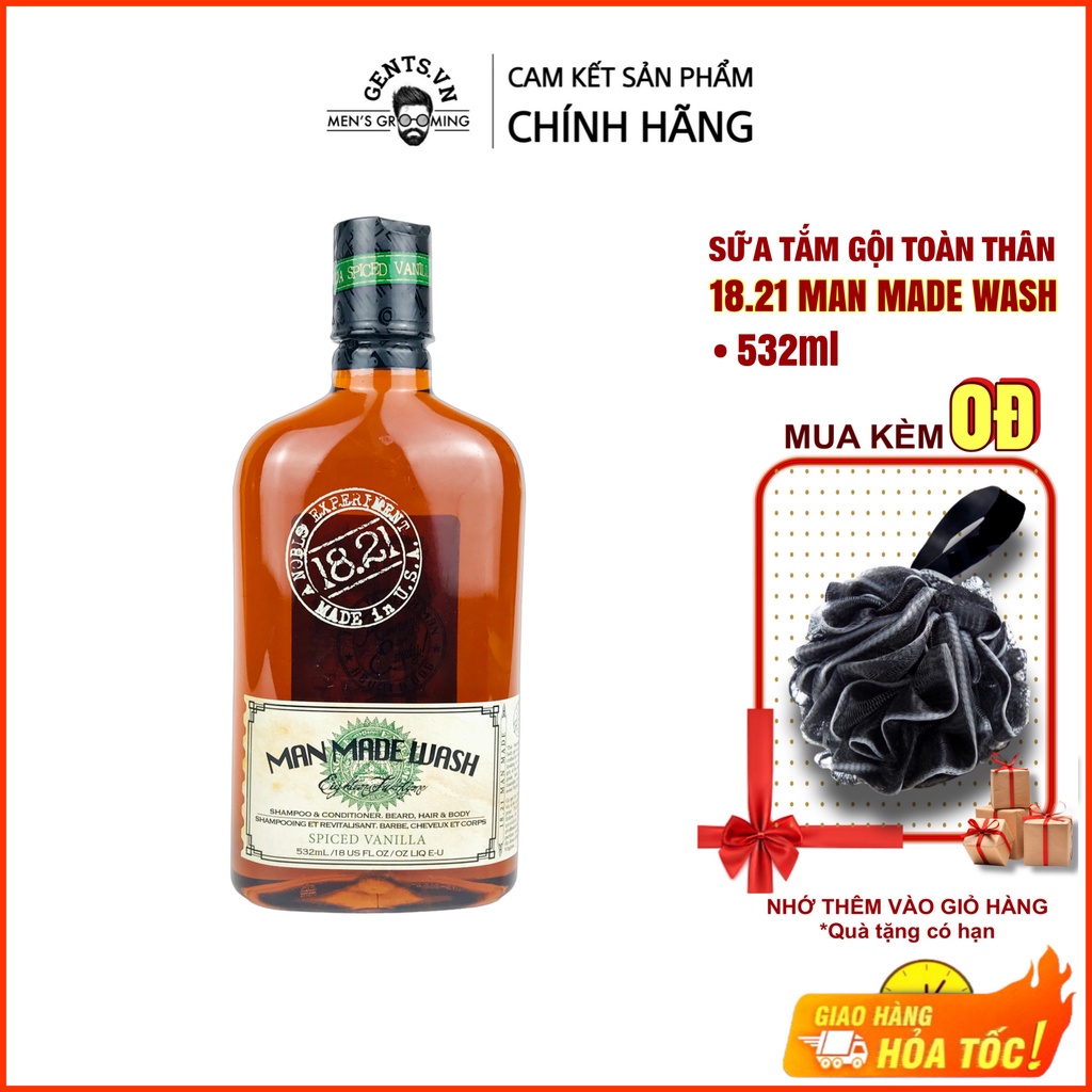 Sữa tắm, dầu gội xả 3in1 cho nam 18.21 Man Made Wash Spiced Vanilla 532ml/950ml hương nước hoa thơm lâu