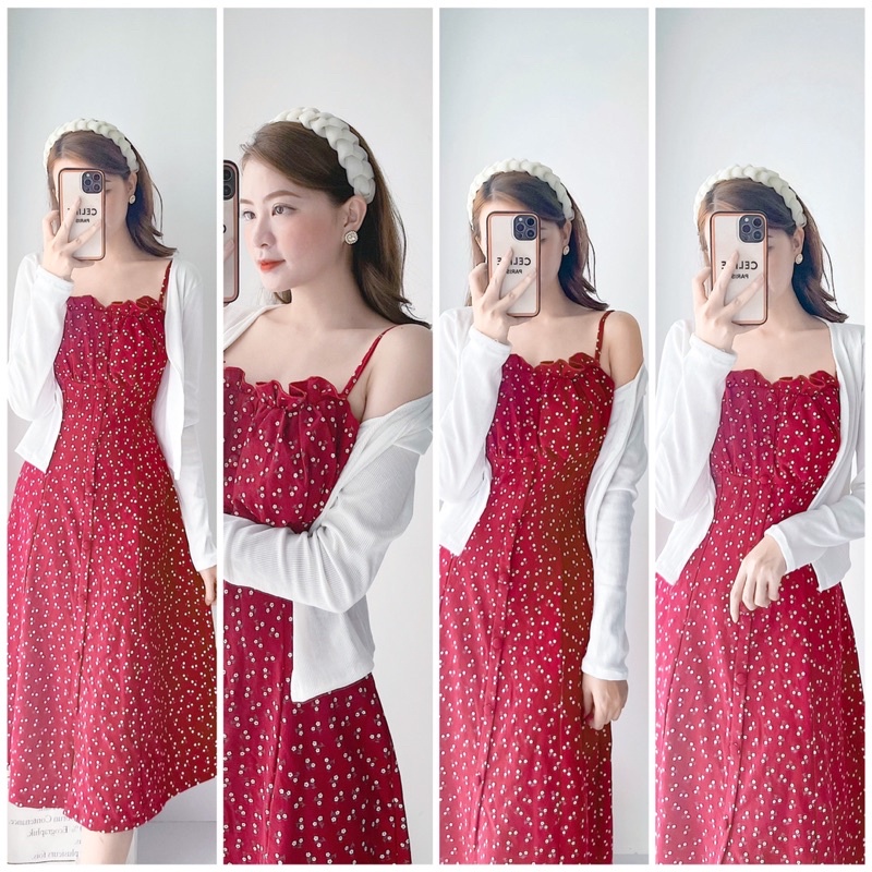 Đầm hoa nhí đỏ kèm áo khoác Cardigan | BigBuy360 - bigbuy360.vn