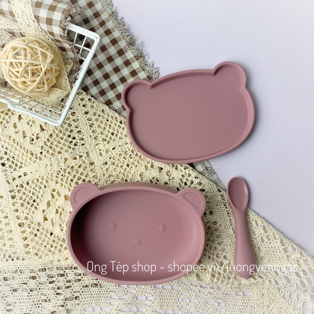 Set ăn dặm silicon 5 chi tiết Bobby Doll: bát ăn dặm silicon hình gấu, khay ăn dặm gấu kiêm nắo đậy, thìa, yếm, cốc