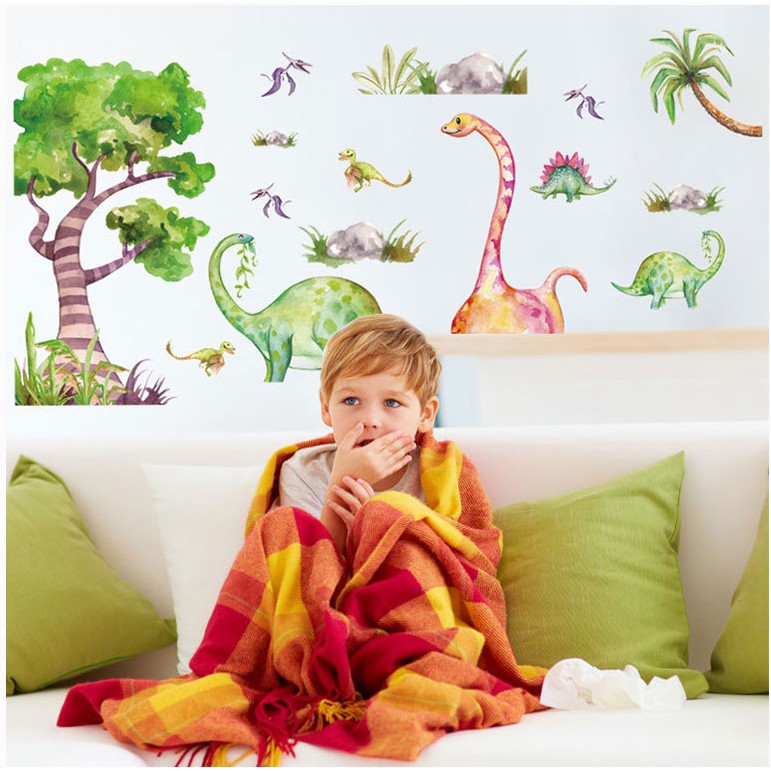Decal dán tường Khủng long trên đồng cỏ sinh động