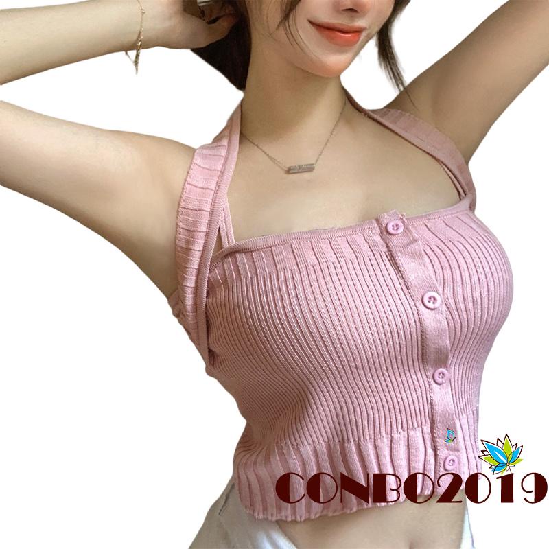 Áo Croptop Dệt Kim Hai Dây Màu Sắc Trơn Dành Cho Nữ