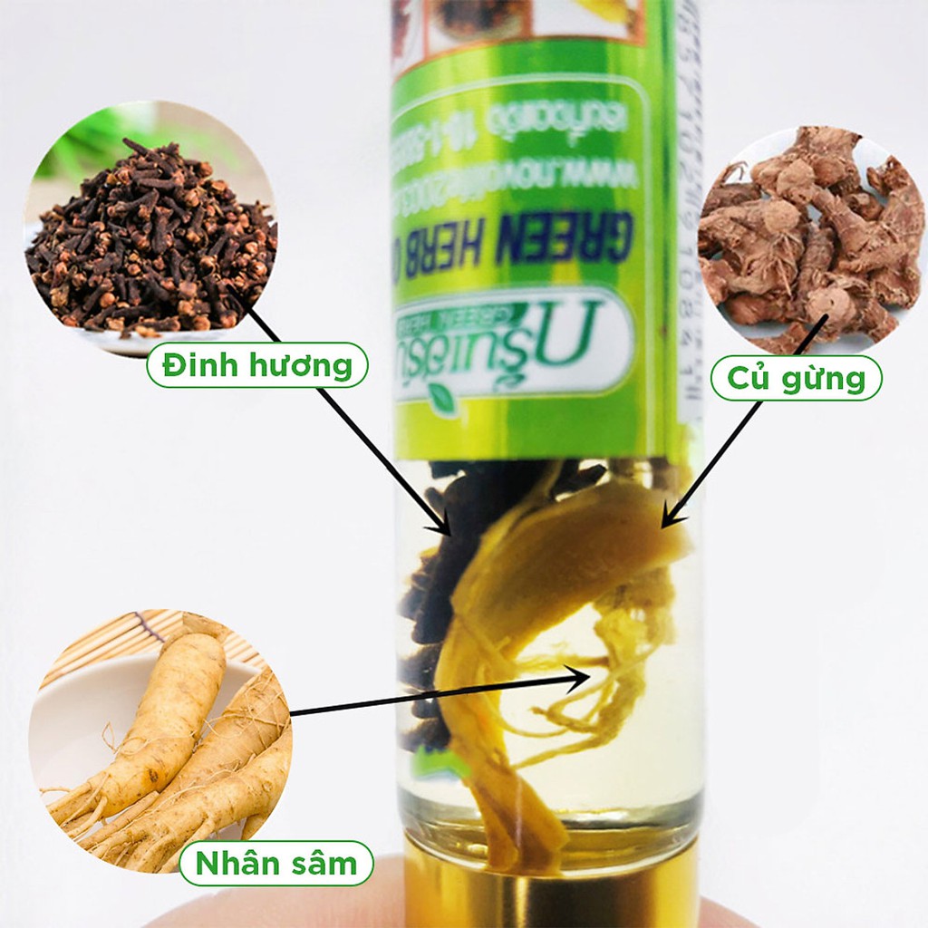 Dầu Lăn Nhân Sâm Thái Lan Green Herb Oil (8ml) Viêm Xoang, Nhức Đầu, Đau Khớp, Đau Bụng, Côn Trùng Cắn Chính Hãng