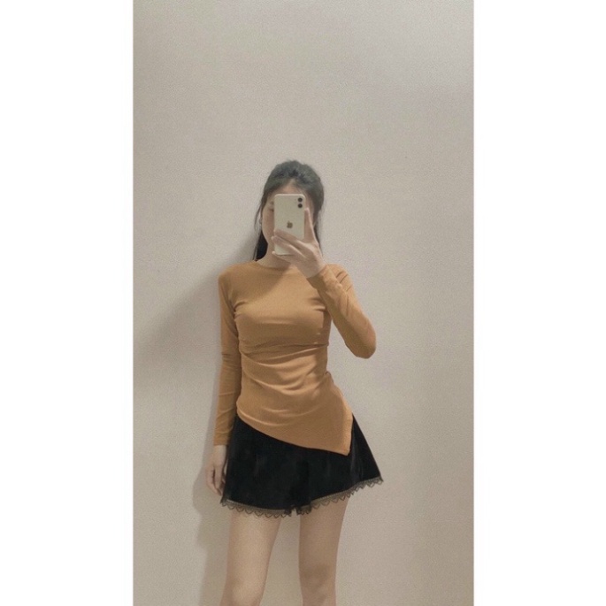 Áo thun nữ dài tay trơn ôm body tôn dáng xếp ly nhún sườn sang chảnh chất bozip loại 1 dày dặn co dãn 7 màu MÃ A45 ONE U