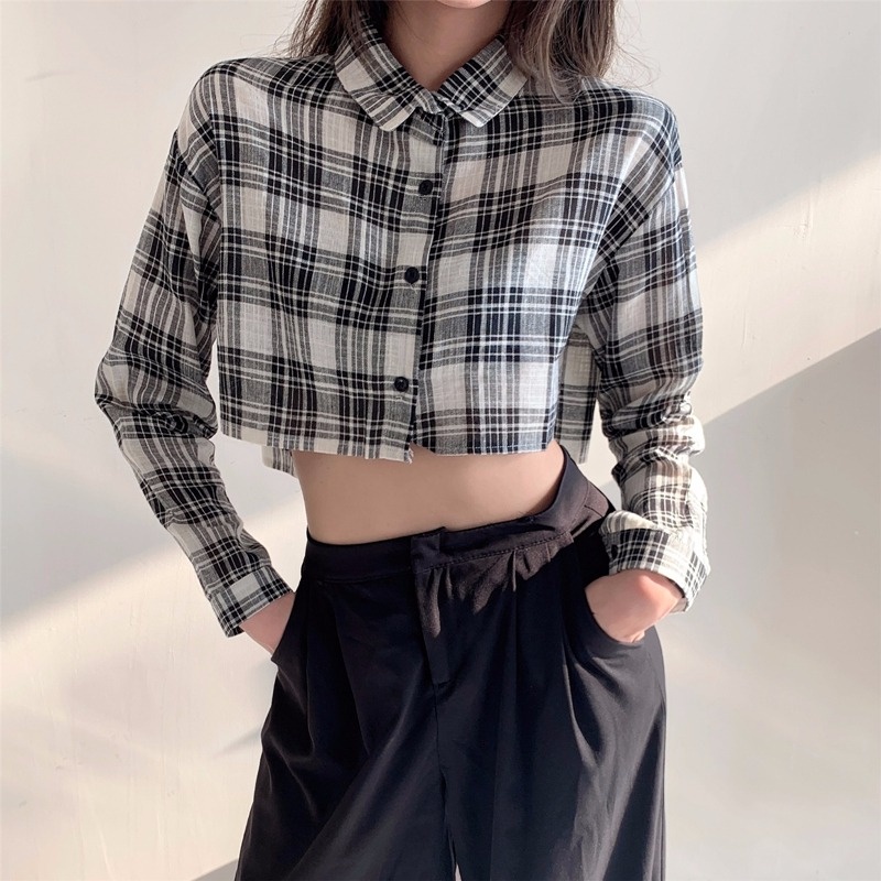 Áo sơ mi ZHELIHANGFEI tay dài cổ polo eo cao quyến rũ thiết kế thời trang