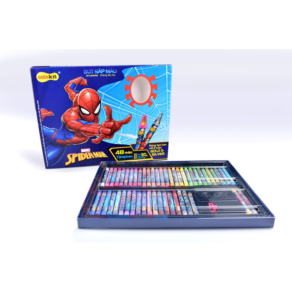 BÚT SÁP MÀU COLOKIT CR-C039/MA Hình Ảnh Nhân Vật SPIDERMAN, Sáng Tạo Với 2 Màu Đặc Biệt GOLD &amp; SILVER (Hộp 50 Màu)