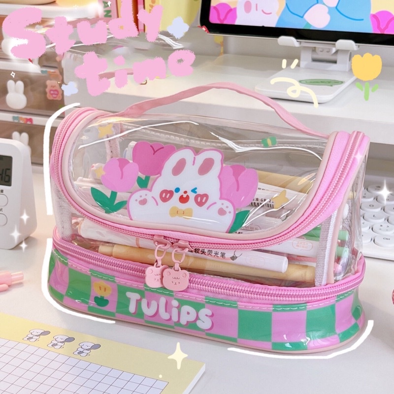 Bóp viết 2 tầng trong suốt kèm theo hoạ tiết dễ thương