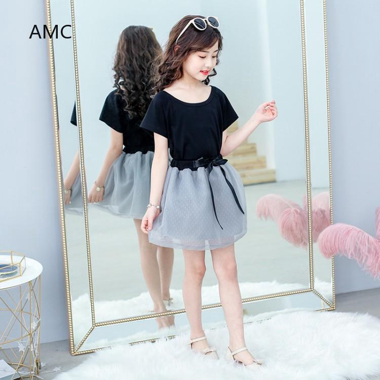Áo thun đen + chân váy lưới xòe ngắn thời trang cho bé gái