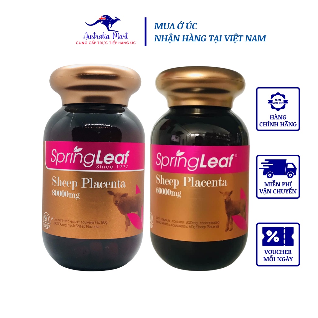 Nhau Thai Cừu Sheep Placenta SpringLeaf Viên Uống Điều Hòa Cơ Thể 60000mg 120 Viên Và 80000mg 90 Viên