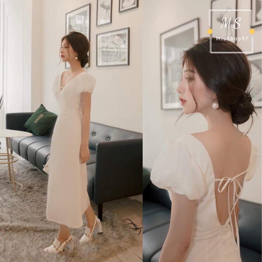 Đầm Maxi Tay Con Phồng Hở Lưng thắt Dây Sang Trọng (TRẮNG)