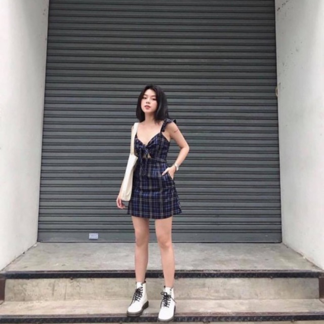 (HÀNG CÓ SẴN ) ĐẦM LUCIA DRESS - ĐẦM 2 DÂY CARO XANH - CARO ĐEN ( ẢNH THẬT TRẢI SÀN )