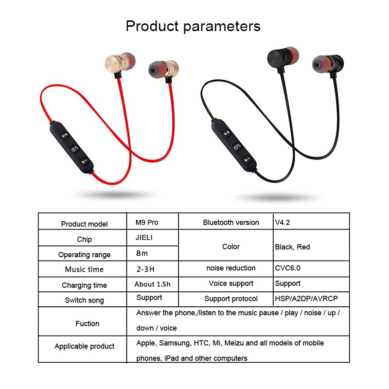 M9 Bluetooth Wireless In-Ear Noise Canceling Earphone with Microphone Sweat Proof Stereo Headset