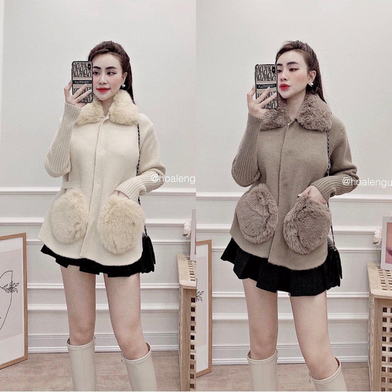 áo khoác len ép cổ túi lông hàng cao cấp (sẵn be)