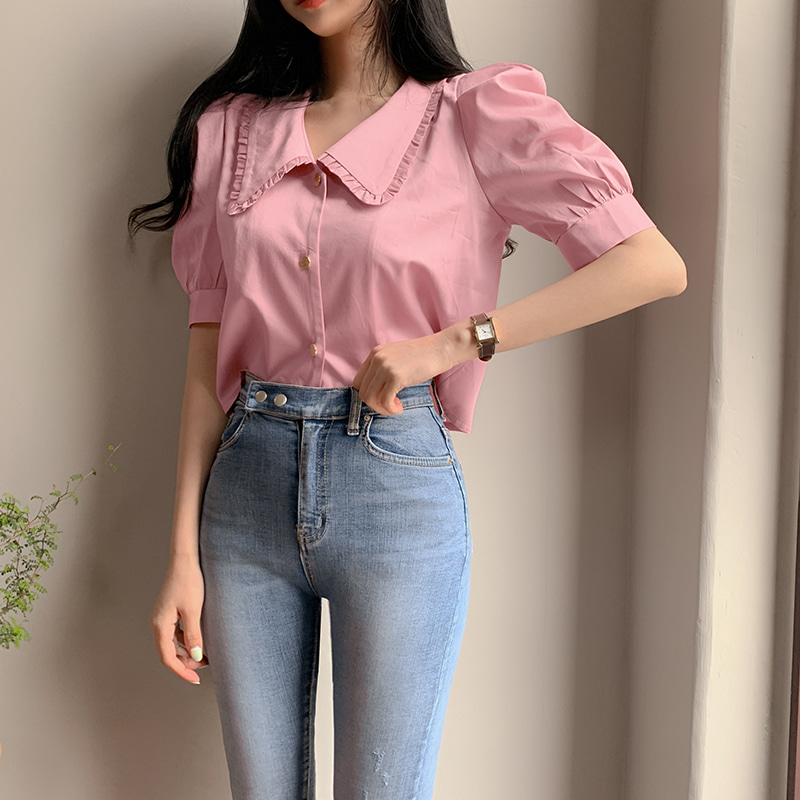 Ruffle collar puff sleeves shirt blouse woman top 34077