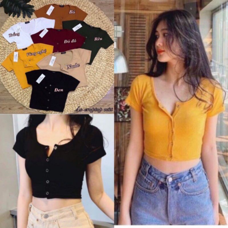 Áo thun croptop kiểu nút cổ vuông năng động - trẻ trung