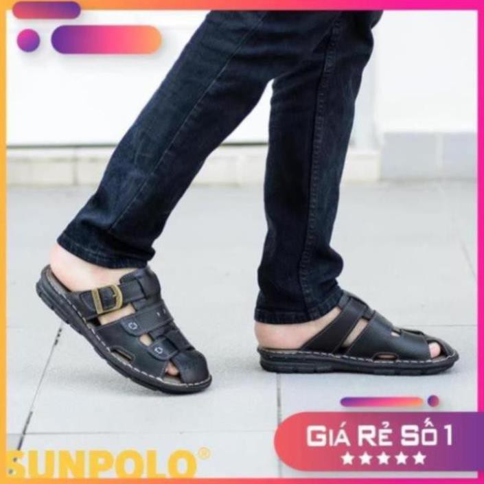 [Sale 3/3] Dép Rọ Nam Da Bò Cao Cấp SUNPOLO Nâu Đen - SUA20ND Sale 11 -op1 " az