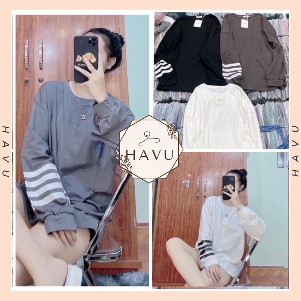 Áo phông nữ 4 vạch kẻ ngang tay phồng - Sweater thun form rộng kiểu dáng thể thao màu ĐEN | TRẮNG | XÁM ulzzang